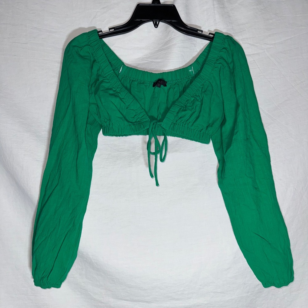 Cottagecore Green Linen Blend Tie Front Long‎ Sleeve Crop Top Womens Size 6